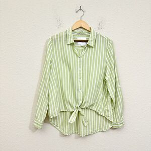 LOLA RIVER Striped Shirt Green White Button Up Tie Roll Tab Sleeve